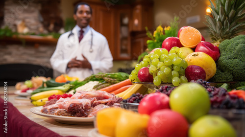 Wallpaper Mural Variety of fresh fruits and vegetables, including apples, grapes, and broccoli, are displayed on table with doctor in background. setting suggests focus on healthy eating and nutrition Torontodigital.ca