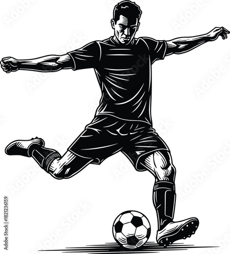 Black and White Soccer Player Kicking Football Dynamic Action Vector Illustration Sportsmanship Athleticism Energy Competitive Game Isolated on White Background Graphic Design Element.