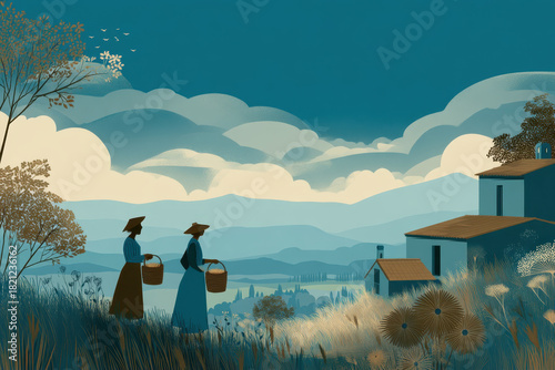Wallpaper Mural Two women in vintage dresses and hats carry baskets through serene countryside landscape, with rolling hills and quaint house under vast sky. scene evokes sense of tranquility and nostalgia Torontodigital.ca