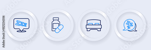 Set line Sleepy, Big bed, Sleeping pill and icon. Vector