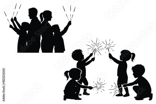 Silhouette family and children holding sparklers celebration