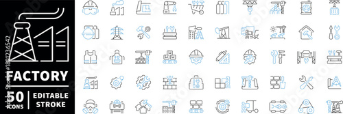 Factory and industry icons set. editable line icons, outline, industrial symbols
