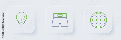 Set line Soccer football ball, Boxing short and Golf on tee icon. Vector