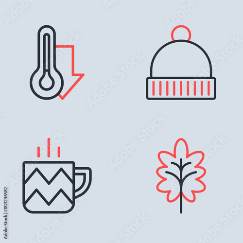 Set line Winter hat, Cup of tea, Leaf and Thermometer icon. Vector
