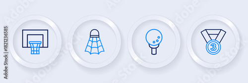 Set line Medal, Golf ball on tee, Badminton shuttlecock and Basketball backboard icon. Vector