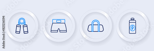 Set line Fitness shaker, Sport bag, Boxing short and expander icon. Vector