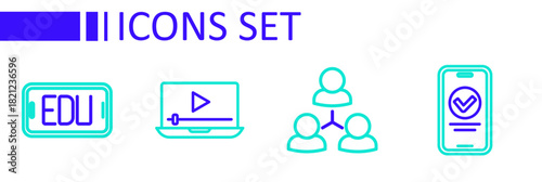 Set line Online quiz, test, survey, class, play video and education icon. Vector
