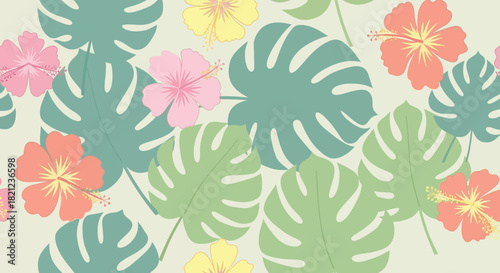Vibrant tropical leaf and flower pattern with monstera leaves, hibiscus flowers in pink, yellow, orange, and green hues on cream background, perfect for summer designs