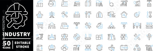 Industry icons set. editable line icons for tools, factories, and construction