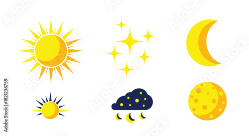 Various weather-related icons representing the sun, moon, stars, a rain cloud, and other celestial elements in a simplified style.