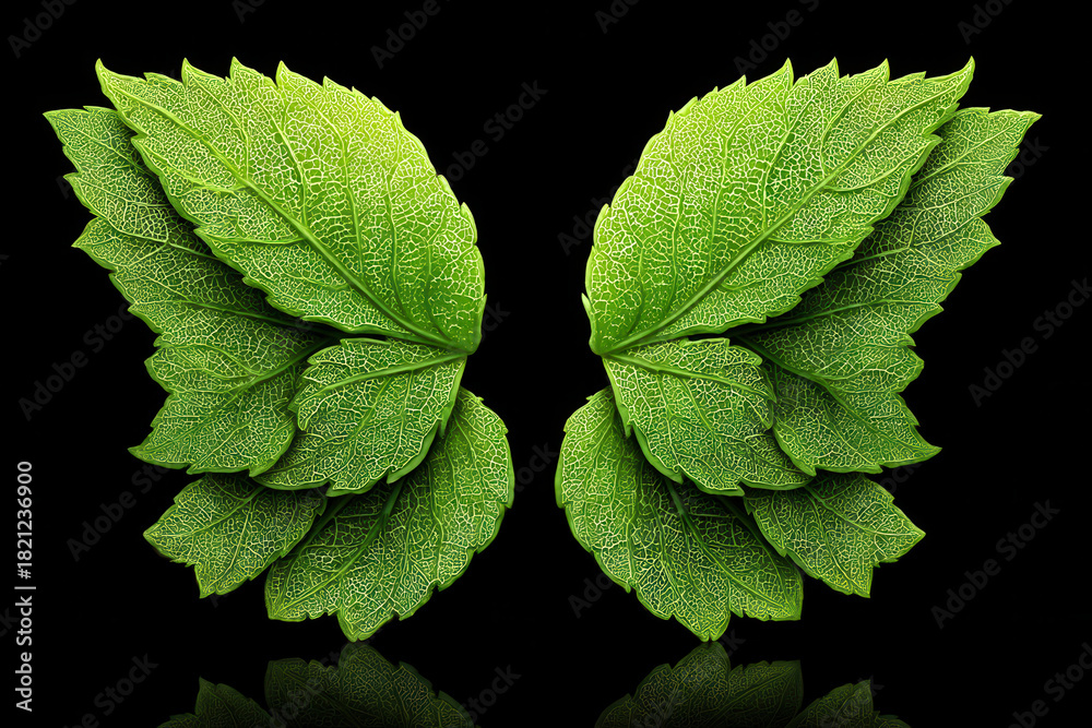 custom made wallpaper toronto digitalGreen leaves arranged in symmetrical butterfly shape against black background create striking and artistic visual. vibrant color and intricate vein patterns enhance natural beauty