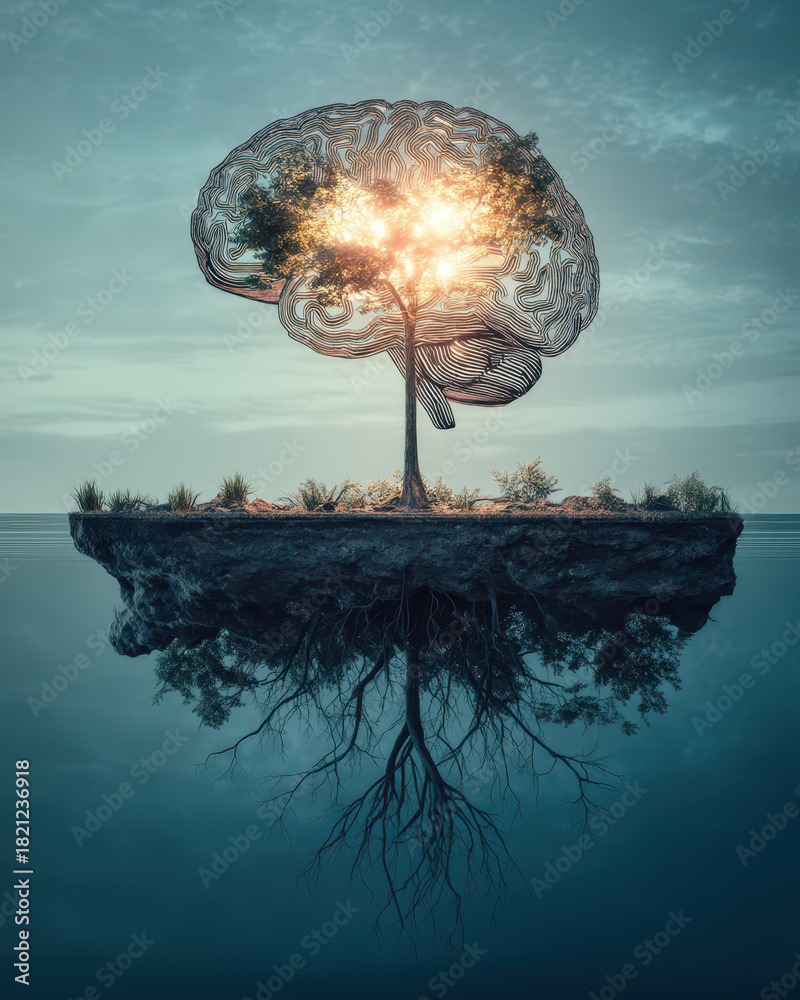 custom made wallpaper toronto digitalTree shaped like brain with glowing light stands on floating island, reflecting in calm water. surreal scene evokes sense of wonder and creativity, blending nature and imagination