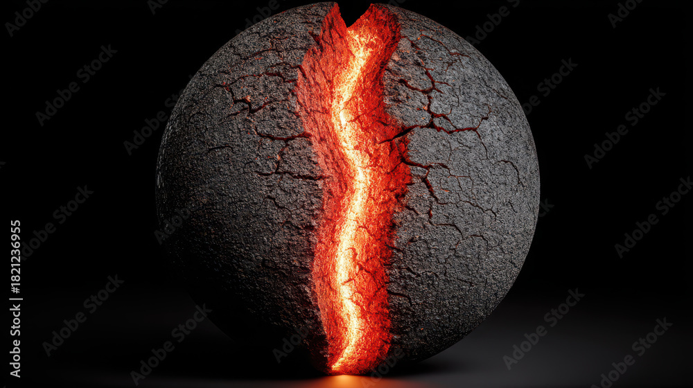 custom made wallpaper toronto digitalCracked, spherical object with glowing red fissure emits intense, fiery glow against dark background, resembling volcanic eruption. surface appears rough and textured, enhancing dramatic effect