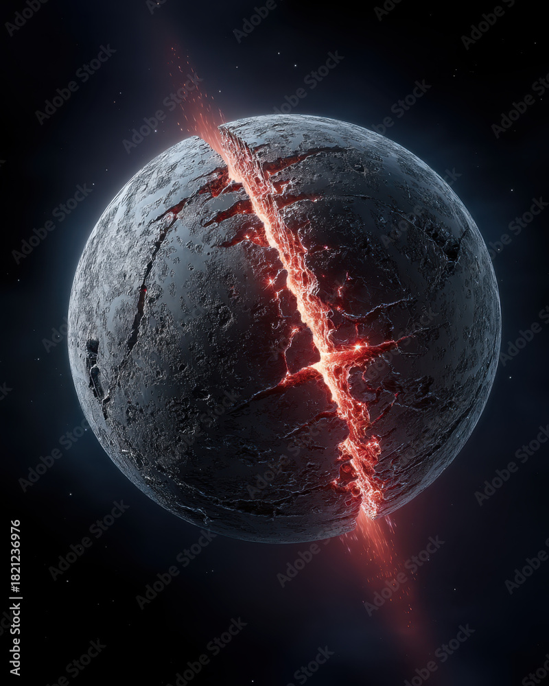 custom made wallpaper toronto digitalCracked, glowing planet with fiery fissure running through its surface, set against dark space background, evokes sense of cosmic drama and mystery