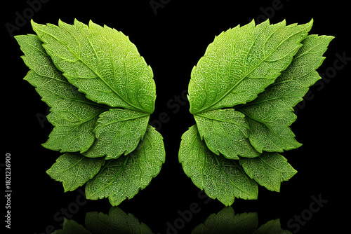 Wallpaper Mural Green leaves arranged in symmetrical butterfly shape against black background create striking and artistic visual. vibrant color and intricate vein patterns enhance natural beauty Torontodigital.ca