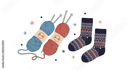 Illustration of cozy hand-knitted socks and yarn, perfect for crafts and winter themes, with cute design elements and a playful feel.