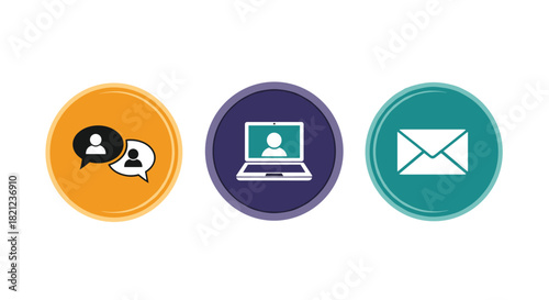 Communication icons represent different methods of interaction, including chat, video conferencing, and email, each enclosed in a colorful circle.