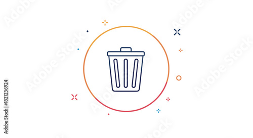 Minimalist line art illustration of a trash can, symbolizing deletion or removal, surrounded by colorful abstract shapes on a white background.
