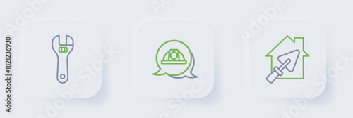 Set line House with trowel, Worker safety helmet and Adjustable wrench icon. Vector