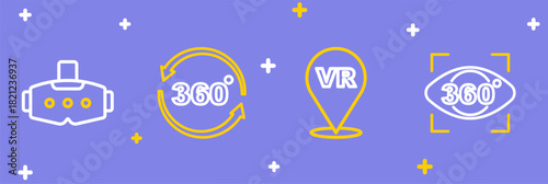 Set line 360 degree view, Virtual reality, and glasses icon. Vector
