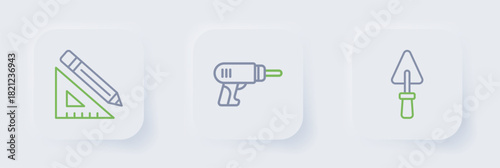Set line Trowel, Electric drill machine and Triangular ruler and pencil icon. Vector