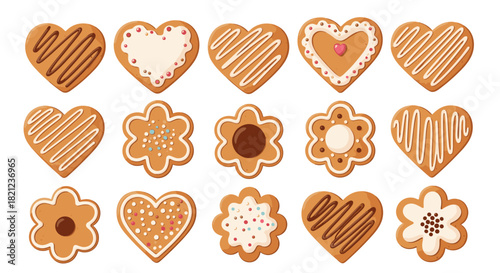 Assorted heart-shaped and flower-shaped gingerbread cookies decorated with icing for a festive treat on a white background.