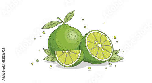 A vibrant illustration features whole and sliced limes with leaves and scattered dots, showcasing freshness and natural green tones.