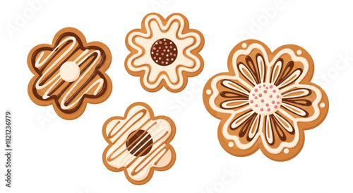 Delicious flower-shaped gingerbread cookies with decorative icing, offering a sweet treat or festive dessert option.