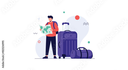 Man with a map and travel bags standing in front of background, representing tourism, summer vacations, adventure, and holidays.