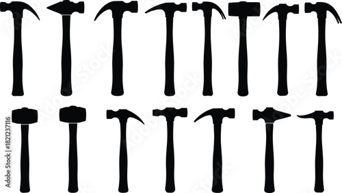A comprehensive silhouette collection illustrating various construction and carpentry hammers, including claw, sledge, ball-peen, and mallets, representing essential tools for building