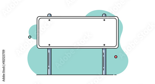 A blank sign on two poles in front of a turquoise background is ready for customization and easy to integrate into your design project.