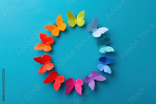 Wallpaper Mural Colorful paper butterflies arranged in circle on blue background create vibrant and artistic display. butterflies showcase spectrum of colors, adding sense of harmony and creativity Torontodigital.ca