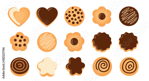 An assortment of delicious cookies with various shapes, flavors, and toppings are beautifully arranged, perfect for a sweet treat or dessert.