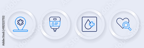 Set line Medical heart inspection, Blood test, IV bag and Location hospital icon. Vector