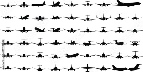 Airplane Aircraft Jet Plane Silhouette Icon Set Collection Repeating Pattern Vector Illustration Travel Aviation Transportation Air Cargo Passenger Flight Different Views Graphic Design.