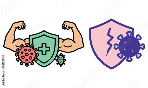 Cartoon Angry Virus Characters and Immunity Shield Vector Graphics: Concept Art for Disease Defense and Strong Health Icons
