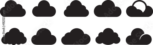 Silhouette cloud shapes icon set featuring bold sky forms, weather outlines, and atmospheric symbols.