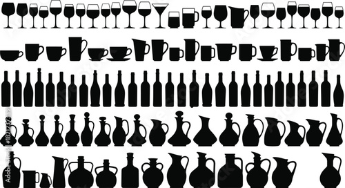 Beverage Container Glassware Dinnerware Silhouette Icon Set Pattern Repeating Vector Illustration Kitchenware Drinkware Wine Bottles Pitchers Mugs Cups Various Vessels Graphic Design.