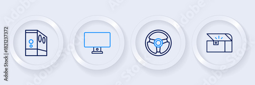 Set line Chest for game, Racing simulator, Computer monitor and Case of computer icon. Vector