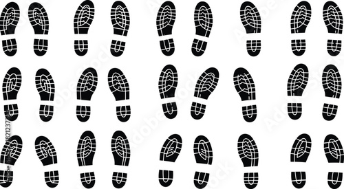 Black Boot Footprint Tread Marks Collection in Various Angles and Positions Isolated on White Background Dirty Footsteps Set Vector Graphic Element Illustration for Stock.