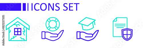 Set line Contract with shield, Education grant, Lifebuoy in hand and House icon. Vector