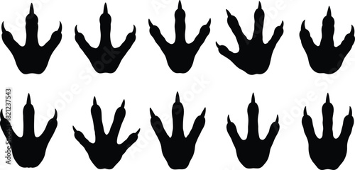 Black Silhouette Set of Raptor Dinosaur or Bird Claw Footprints in Various Styles and Shapes Isolated on White Background Prehistoric Animal Trace Mark Vector Illustration for Stock.