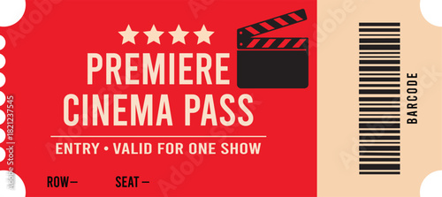A vibrant red premiere cinema pass ticket design featuring a film reel and barcode for single entry
