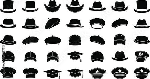 Collection of Black and White Silhouettes of Various Headwear Styles Including Top Hats, Cowboy Hats, Berets, Baseball Caps, Graduation Caps, Chef Hats, and Police Caps Isolated on a White Background.