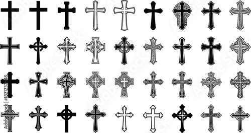 Collection of Christian cross symbols, Celtic cross designs, religious icon silhouettes, decorative faith symbols, vector illustration set for spirituality, church artwork and graphic design