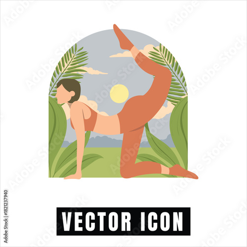 Woman in yoga pose outdoors with sun and trees