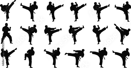 Collection of Martial Arts Fighter Silhouettes, Kickboxing and Karate Training Poses, Different High Kicks, Self-Defense, Combat Sport, and Dynamic Action Vector Illustrations Isolated Set.