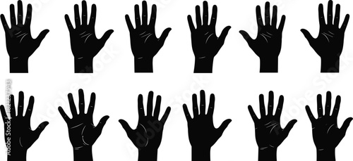 Collection of Open Human Hands Silhouette Icons, Black Palm Shapes, Body Parts, Different Fingers Spread, Anatomy, Communication, and Gesturing Vector Symbols Isolated Set.
