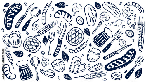 Hand-drawn BBQ food illustration in a vintage sketch style. Includes grilled steak, ribs, sausages, corn on the cob, sauces, beer mugs, and utensils.