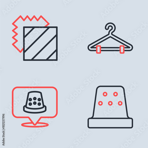 Set line Hanger wardrobe, Thimble for sewing, and Layers clothing textile icon. Vector